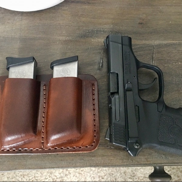 J&J LEATHER 9MM DOUBLE STACK MAGAZINE POUCH CARRIER HOLDER HOLSTER W/ BELT CLIP
