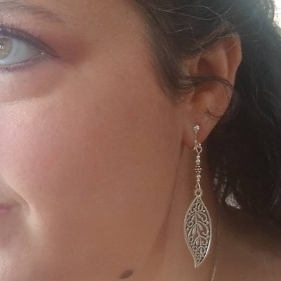 Handmade Tibetan Silver Long Leaf Themed Dangly Drop Earrings – New With Tags, UK Made