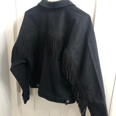 Fringe Black Denim Jacket Jean Jacket With Fringed Back Rip - Etsy