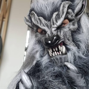 Costume da lupo mannaro, lupo grigio, maschera, collare e guanti