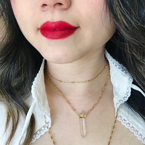 •LINKED• double terminated quartz + gold necklace (ADJ to 20