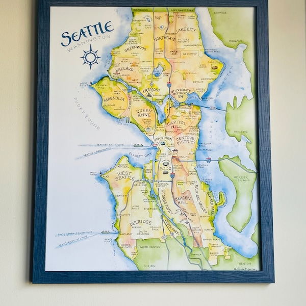 Seattle Map Watercolor Illustration Puget Sound Neighborhood Map Alki ...