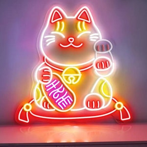 Waving Lucky Cat Neon Sign Animated LED Fortune Cat for Home and