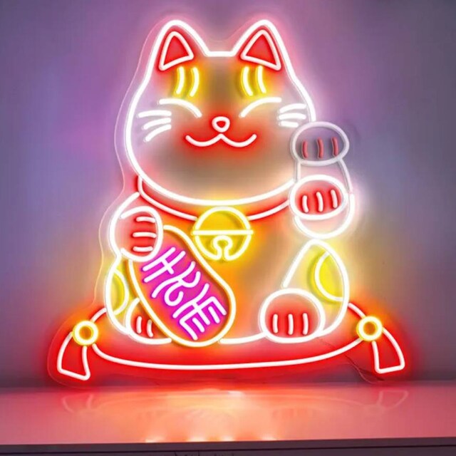 Waving Lucky Cat Neon Sign Animated LED Fortune Cat for Home and
