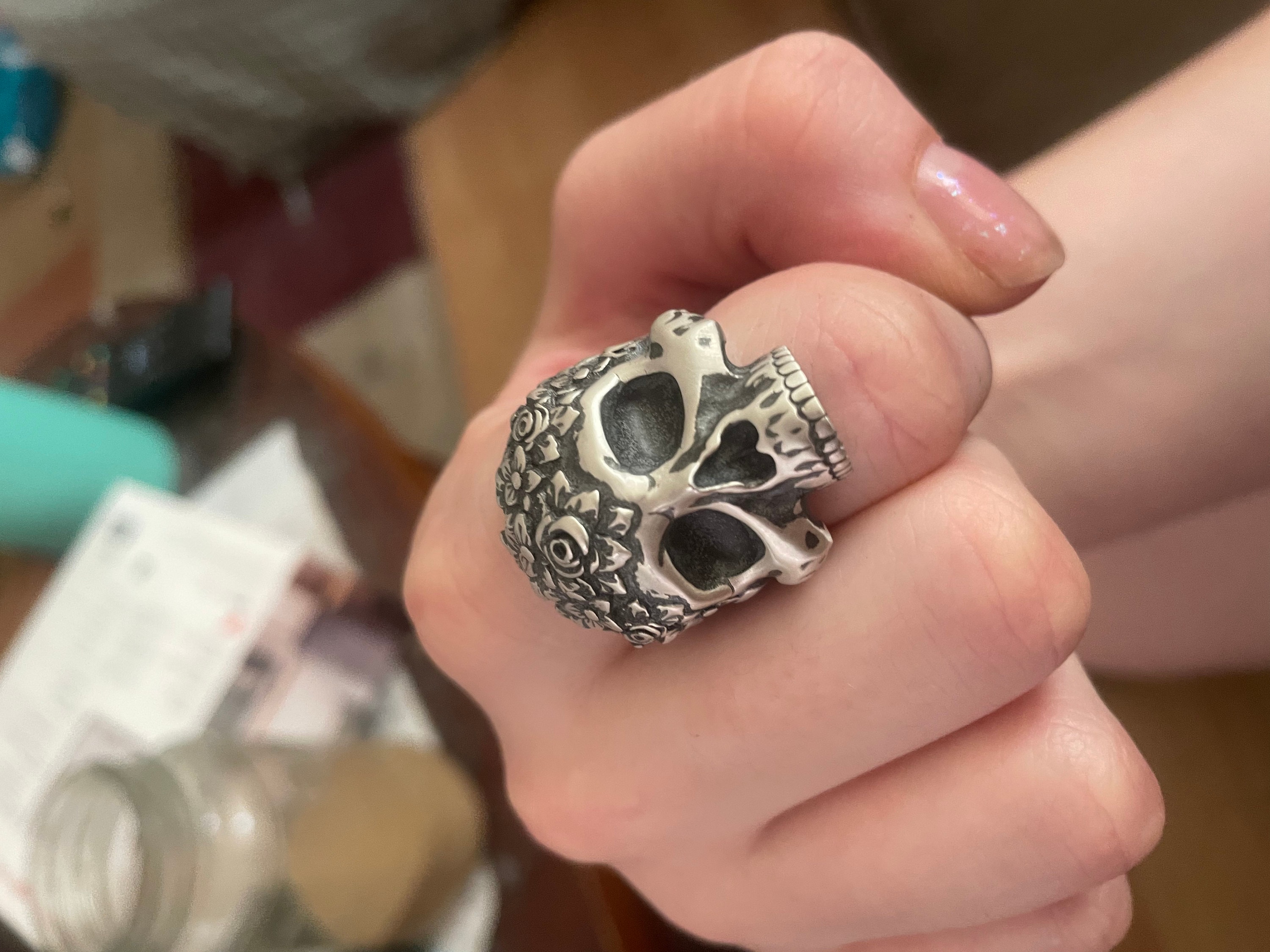 Personalized Skull Ring With Roses, Men Gift Ring, Men Biker Ring, Gothic Skeleton Ring Art, Halloween Skulls