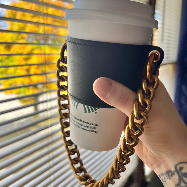 Luxury Leather Drinks Handled Sleeve Holder, Reusable Travel Coffee Cup Holder, Detachable Metal Chain Cup Holder, Portable Cup Holder Insulated