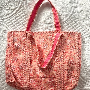 pink and blue cotton womens reversible tote with green insides- with pocket- 18” x 18”