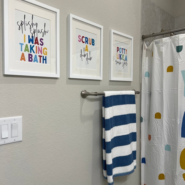 Kids Bathroom Art Set, Bathroom Wall Prints, Set of 4, Splish Splash