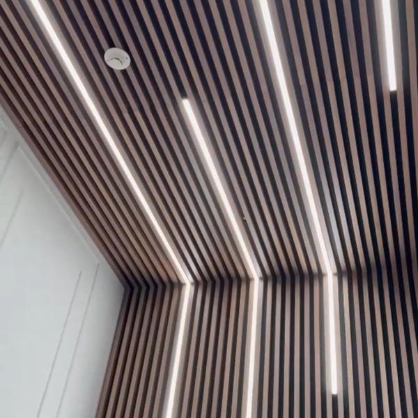 Image showcasing Walnut on Walnut Wood Ceiling Panels | Custom Reception Desk Area ...
