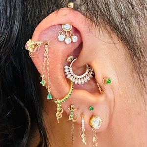 14K Solid Gold Ruby Tsavorite Hinged Clicker Blossom Flower Gemstone Dangle Chain Hoop Ring Cartilage Daith Huggie Hoop Earring Clicker Ring