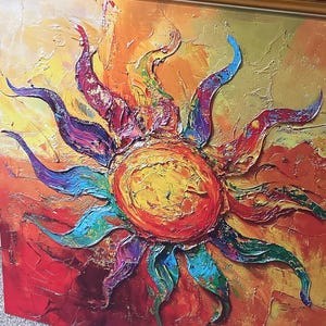 Vibrant Sun Canvas Wall Art, Textured Sun Painting, Fiery Orange