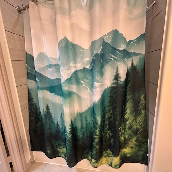 Mountain Forest Shower Curtain - 70x70 Inches, Nature Landscape Scene With Hooks, Green Bathroom Decor
