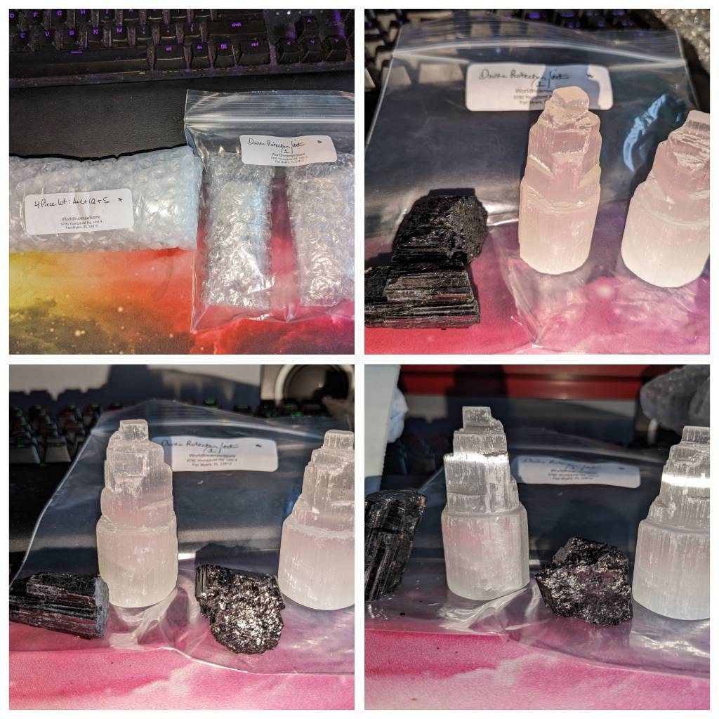 2 Selenite Towers & 2 Extra Grade Black Tourmaline Logs: Home Protection Kit