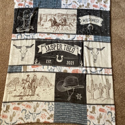 Personalized Western Cowboy Baby Blanket - Super Soft Minky Fleece With Name & Birth Year (30" X 40", White Back)