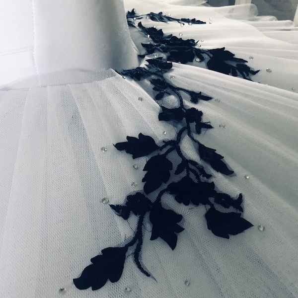 3D Rose Flower Fabric, Navy Blue Lace Fabric, Floral Leaf Lace Fabric ...