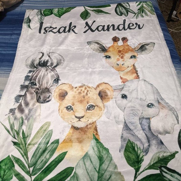 Safari Animals Baby Boy Name Blanket, Jungle Greenery Leaves Forest ...