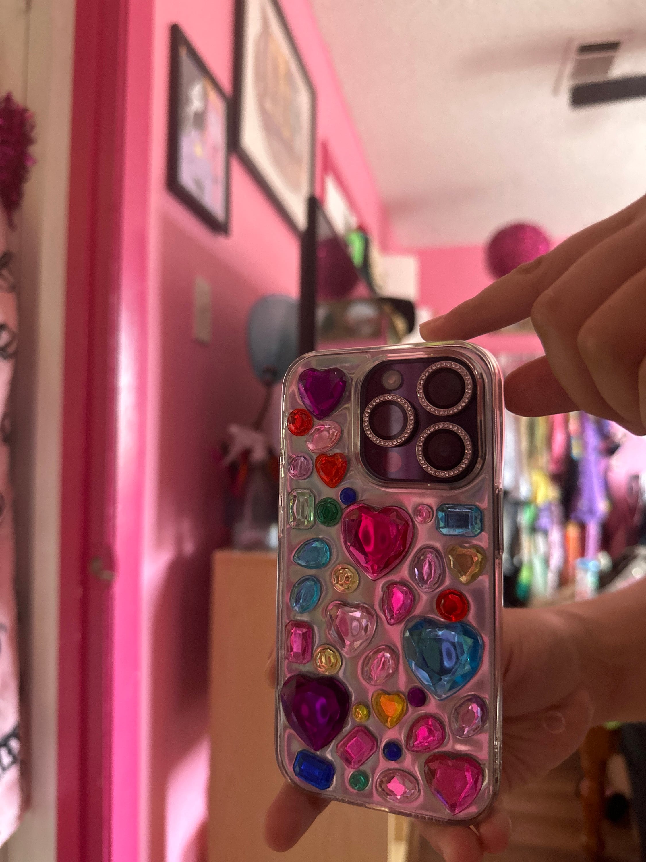 Bling Rhinestone 3D Phone Case, Holographic Insert Phone Case, Glitter iPhone Case, Hearts Phone Case for iPhone 12/13/14/15 Pro Max, Galaxy