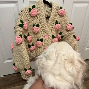 Leilayca Big Pink Roses Cardigan , Chunky Cropped Cardigan for