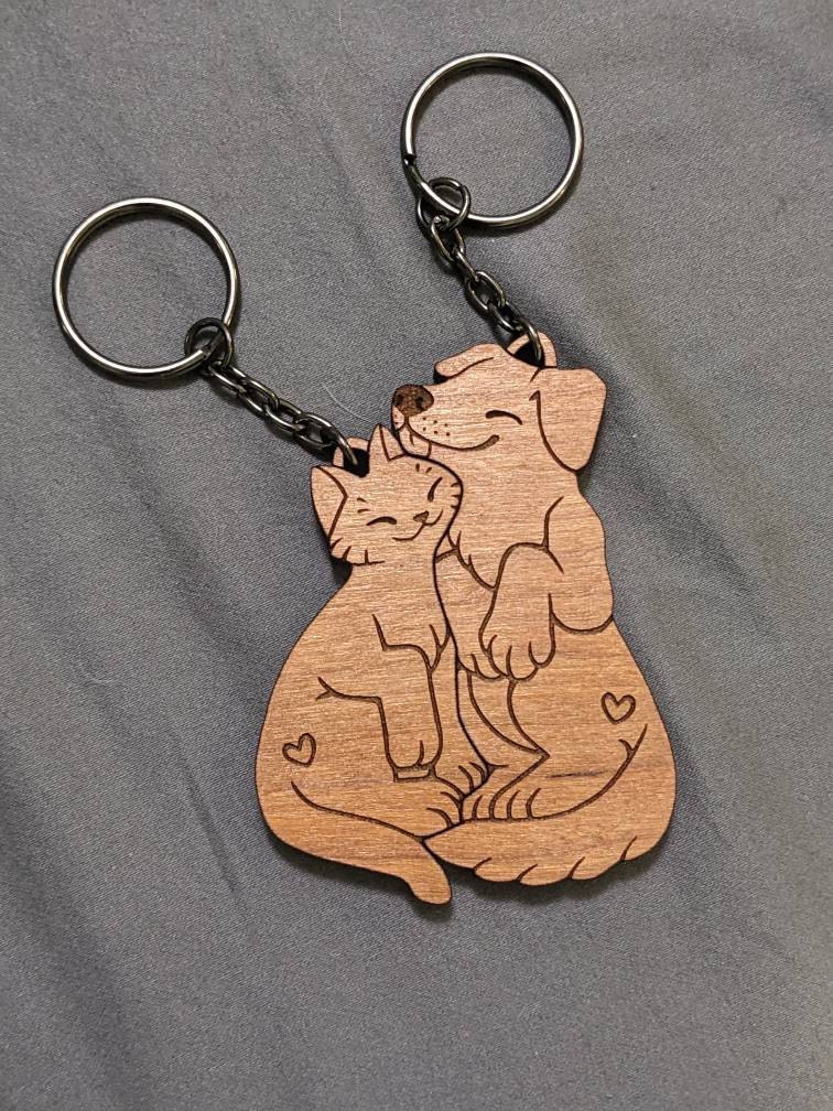 Dog and Cat Couple Keychains - Friendship or Relationship matching wooden keychain set