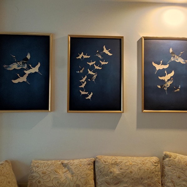 Blue and Gold Japanese Wall Art Set of 3 Prints · Dark Blue Japanese ...