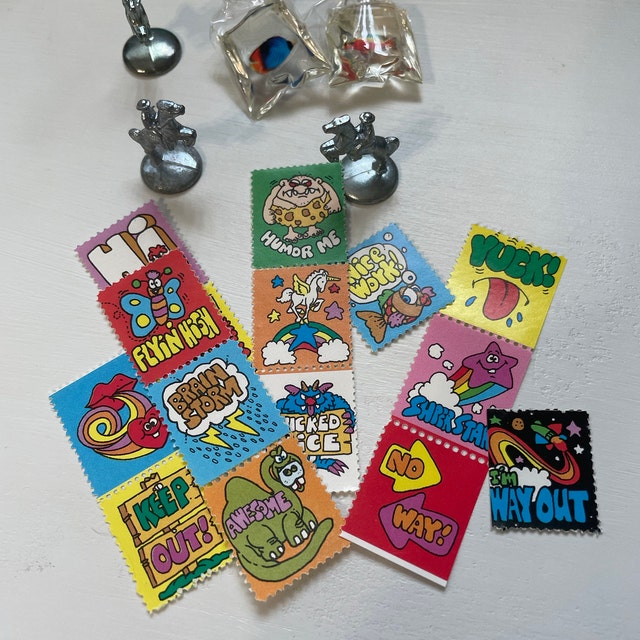 15pcs 1980s STICKER STAMPS Vintage Gummed Stickers Retro Graphics