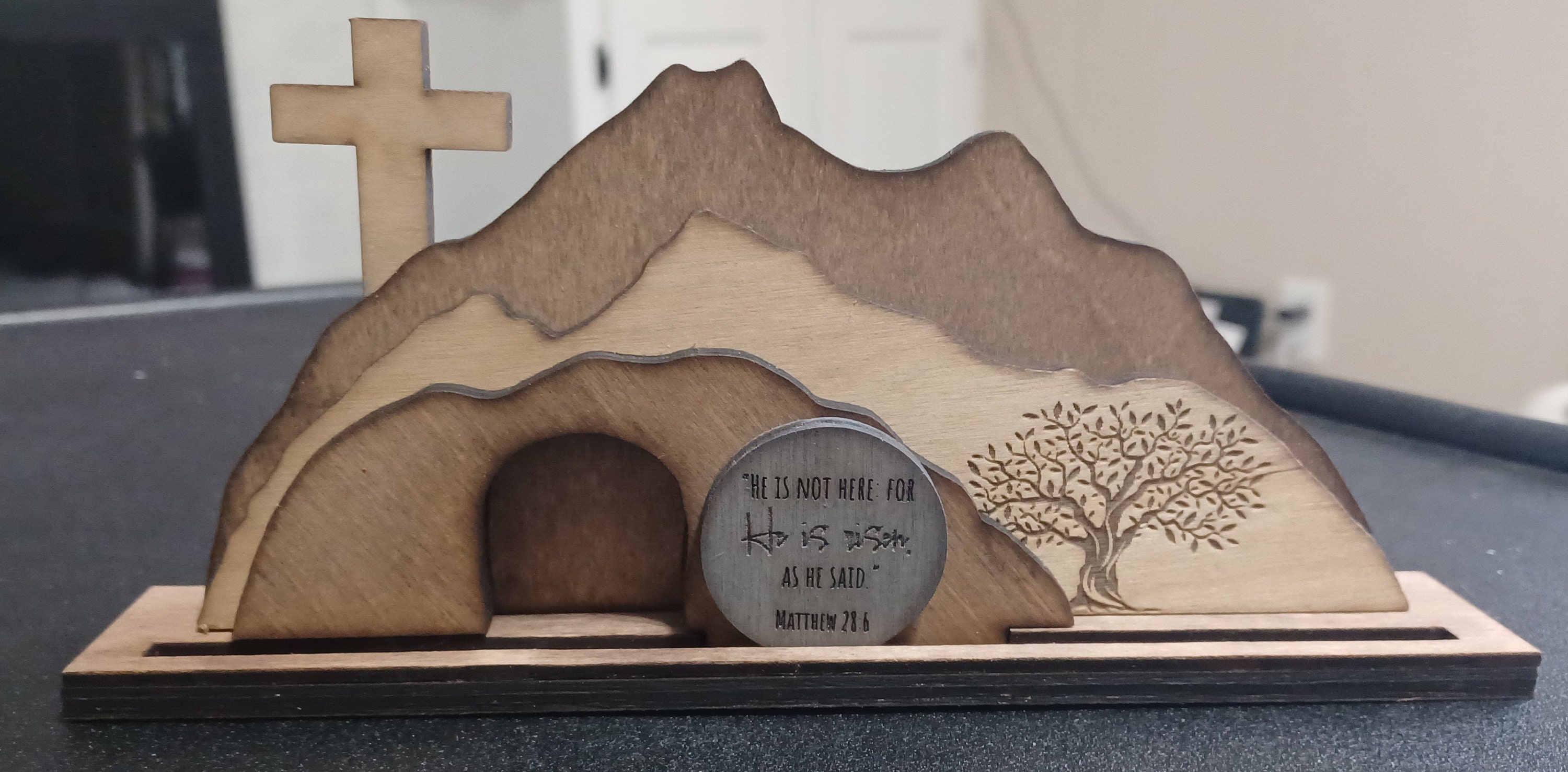 Empty Tomb &quot;He is Risen&quot; Decoration with Cross and Olive Tree, Religious, Christian, Easter Display, Easter Tomb, Laser Cut