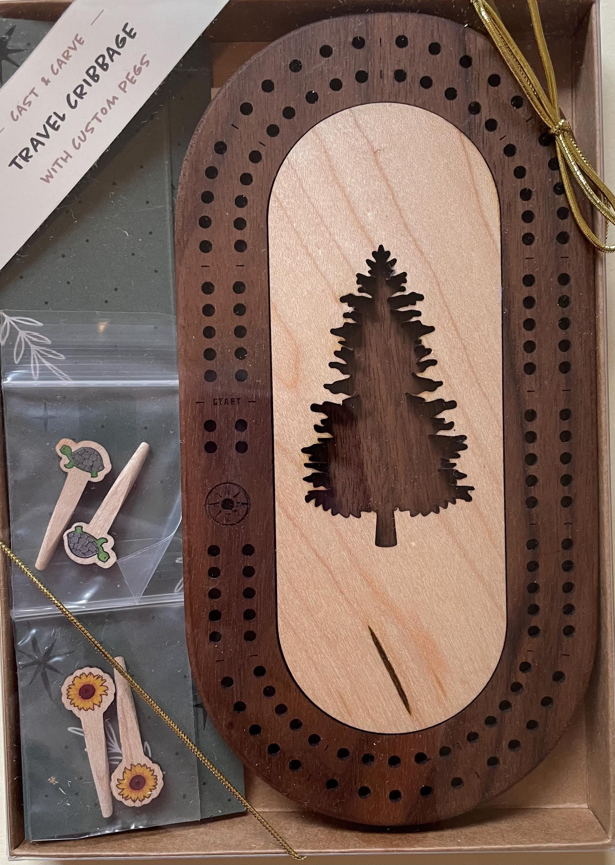 Wildlife Mini Cribbage Board Personalized with Custom Pegs - Bees, Fish, Moose, Bear, Tree, Bigfoot, Small Travel Cribbage