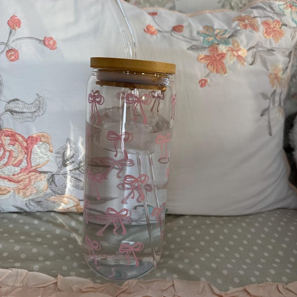 Pink Bows Glass Iced Coffee Cup: Bamboo Lid & Glass Straw - Etsy