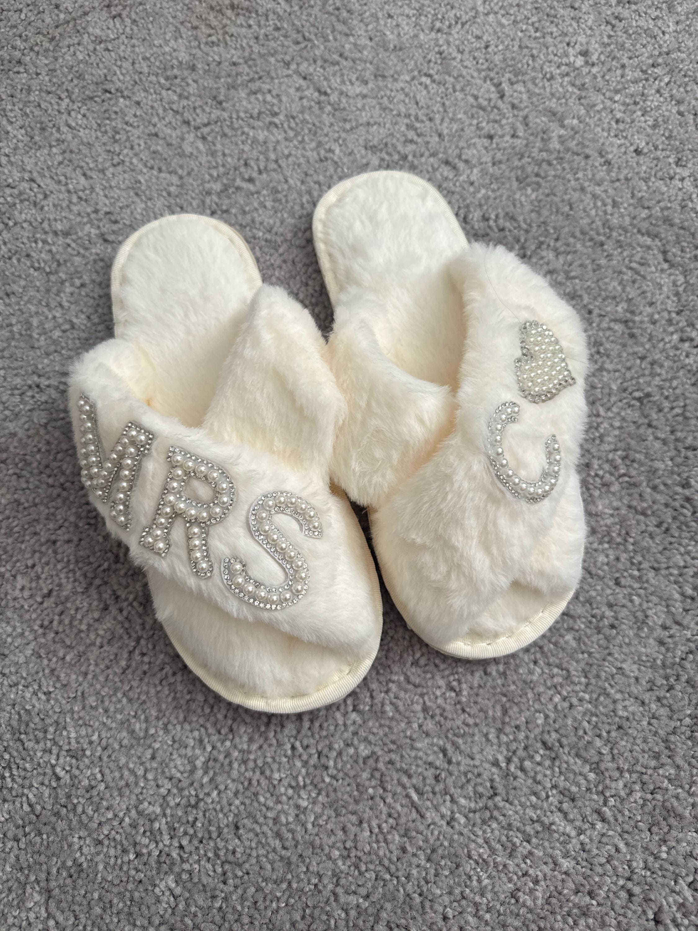 Bridal Mrs Wedding slippers, Custom Mrs Fluffy Slippers with pearls letters, Bridal Shower Gifts, Gifts For Her, Bridal Slippers, Slippers