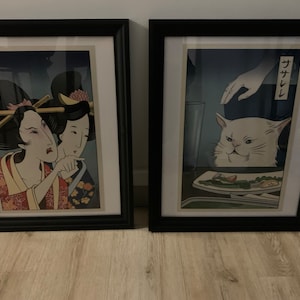 Woman Yelling at Cat Ukiyo-e Style Set of 2 Giclee Prints 