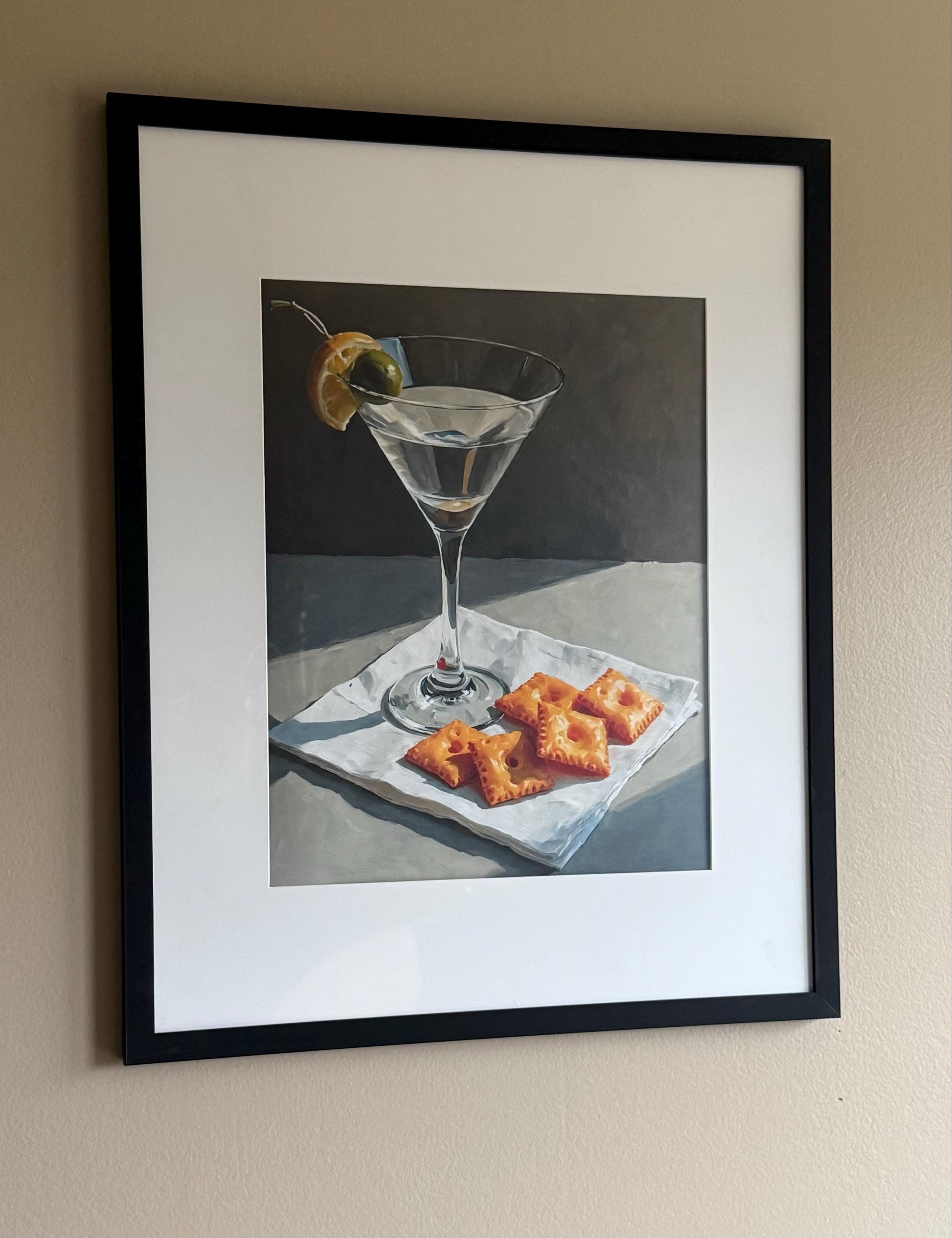 Martini and Cheese Crackers Print | Cute Quirky Whimsical | Cocktail Art Bar Cart Decor | Elegant Oil Painting Gift | Trendy Kitchen Wall