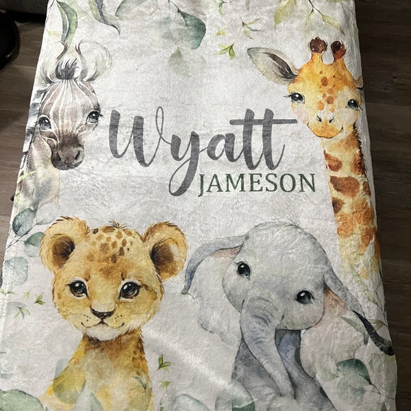 Safari Animals Baby Blanket, Jungle Greenery Personalized Boy Girl Name ...
