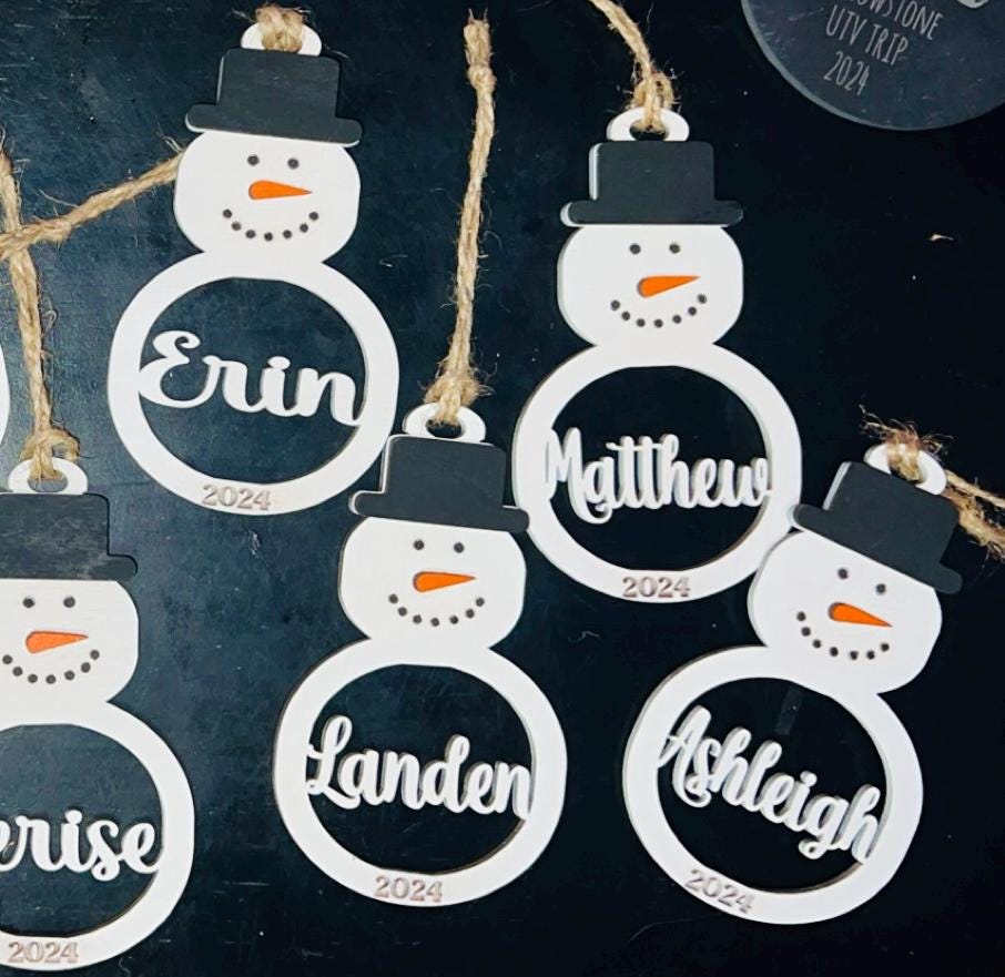 Personalized Snowman Christmas Ornament: Laser Cut Wood Holiday Bauble