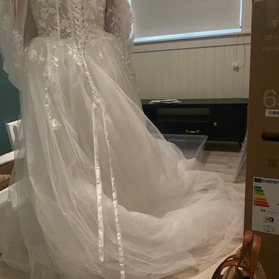 V neck A line Lace Wedding Dress Elegant Applique Long Etsy