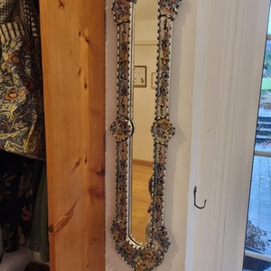 Peruvian Long Narrow wall mirror 35.4" tall for wall decor | Handmade Painted glass Skinny wall Mirror with silver leaf for room decor