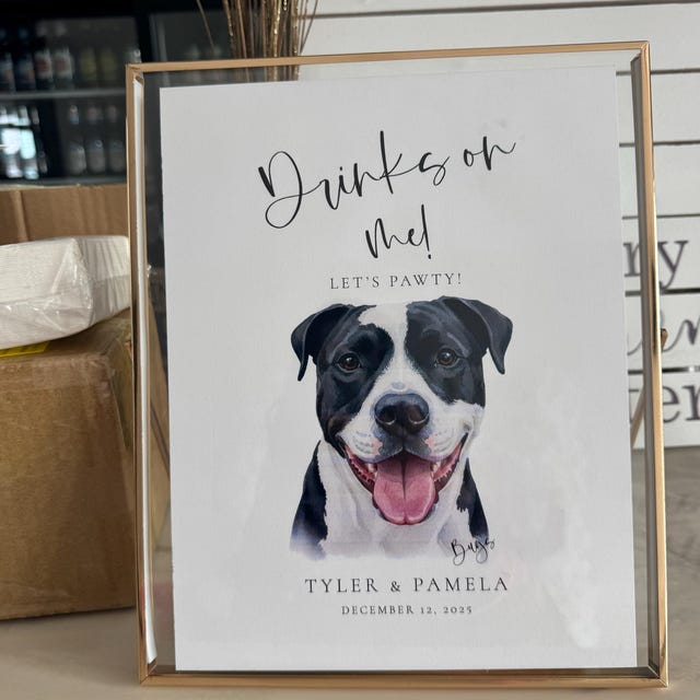 Custom Watercolor Pet Open Bar Sign Using Pet Photo Drinks on Me