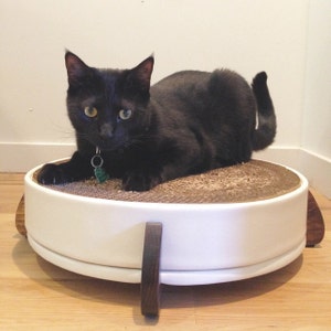Lime Fabric cover handcrafted wood legged base and large long-lasting replaceable cardboard insert Cat Scratcher and Cat Bed -