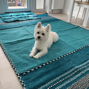 Teal Blue Kilim Rug, Indian Handmade, Vintage, Aesthetic Room