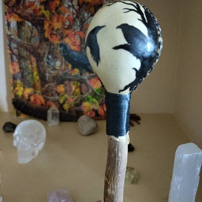 Crow Animal Totem Medium Round Rawhide Rattle, Shamanic Rattle, Ritual ...