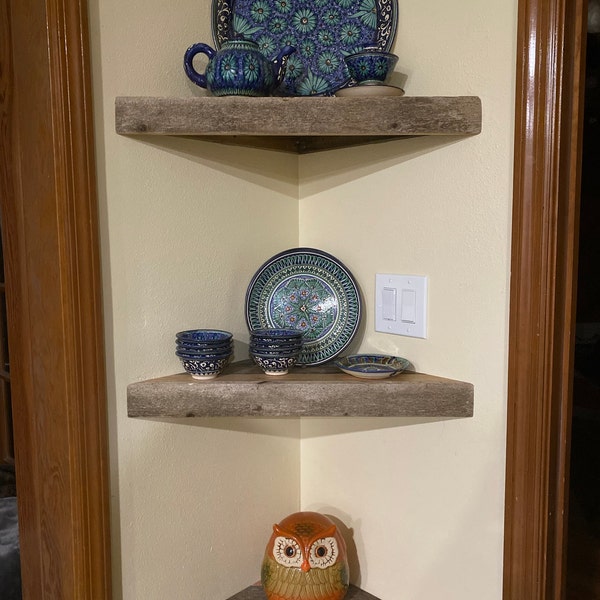Set of 3 New and Reclaimed Wood Floating Corner Shelf Shelves Rustic ...