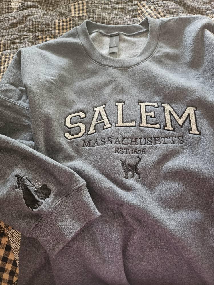 Salem Massachusetts sweatshirt, Hocus Pocus Halloween, Fall Embroidered Sweatshirt, Spooky Season Crewneck, Embroidered Sleeve witch