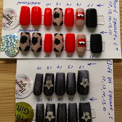 Black and Pink Press on Nails, Luxury Press on Nails, Crystal Black Nails, Press on Nails Long