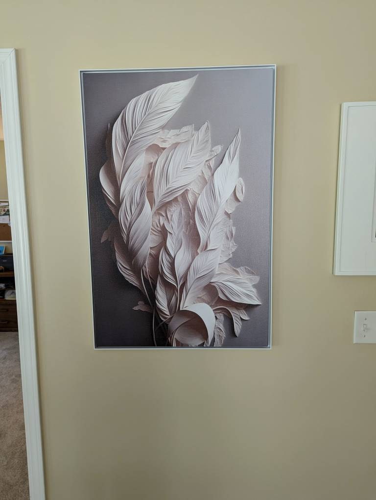 3d effect feathers canvas print, framed printed wall art, white feathers artwork, large modern wall art, floater frame living room wall art