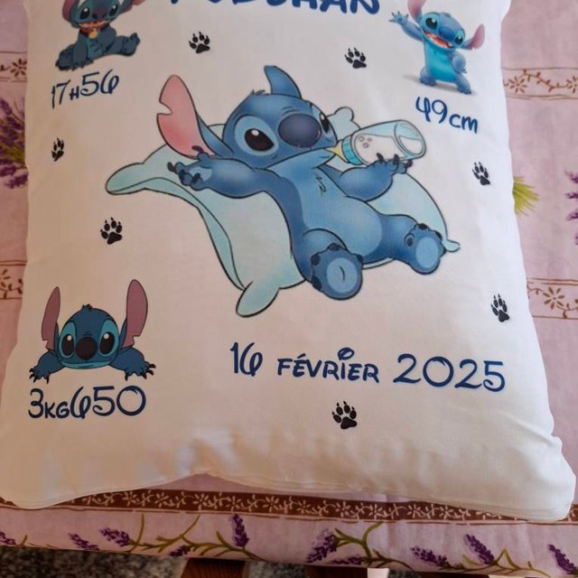 Coussin Lumineux Stitch Personnalisable - CréaCat, Blanc, Carré, Cadeau