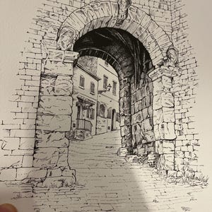 The Arch of Volterra, Italy, Original Pen and Ink Art Print, Wall