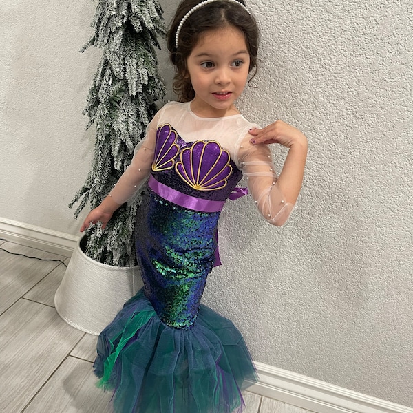 mermaid dress 5t 2026 Blue Little Mermaid With Led Dress for Girl Birthday Party Princess Dress Halloween Fantasy Cosplay Ariel Tutu Dress Set