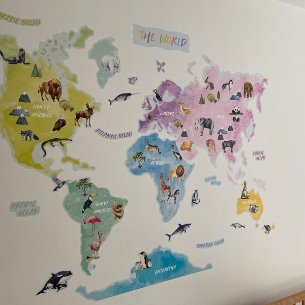 Animal World Map Wall Decal, Kids Nursery Decor, Peel and Stick - Etsy