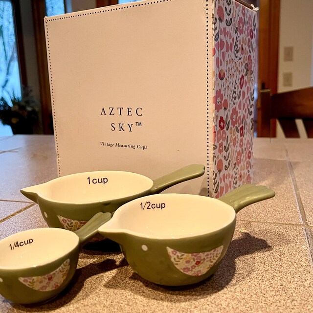 Aztec Sky | Nesting Measuring Cups | Set of 3 Stackable Ceramic Cups |  Farmhouse Style | Bird | Sage Green Birds with Floral (Sage, Set of 3)