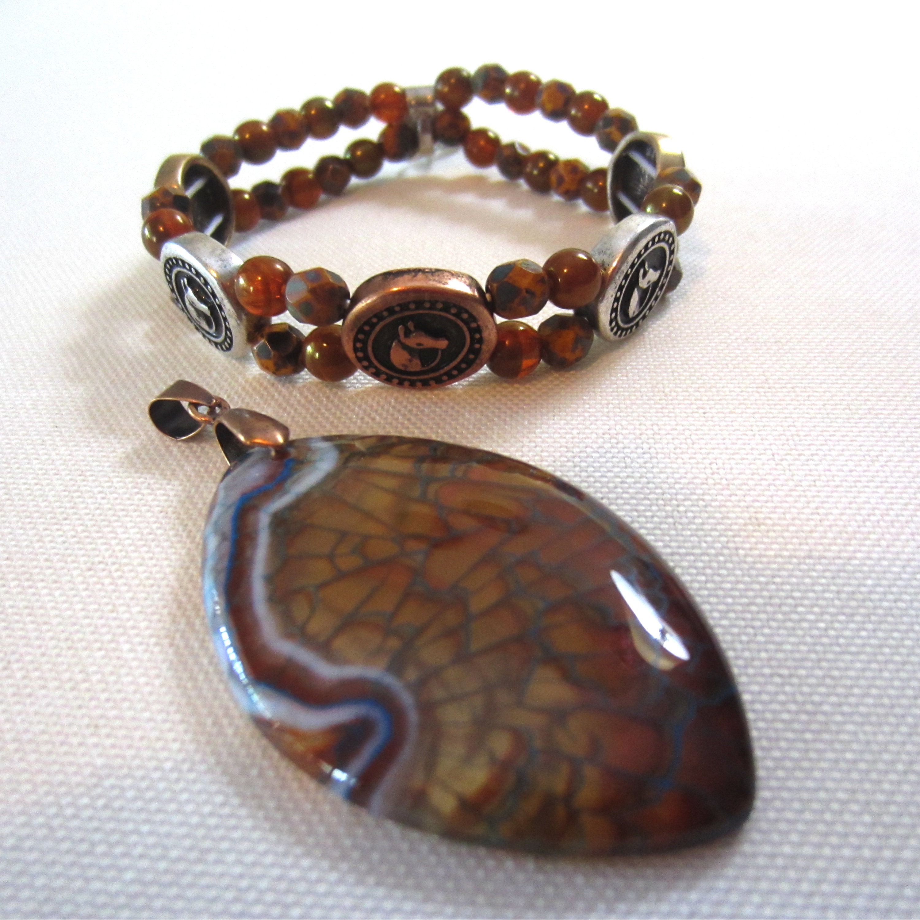 Orange Purple Fire Agate Horse Eye Gemstone Pendant Focal Bead 50x32x6mm C14987