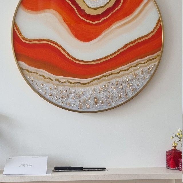 Resin Art Framed Round Wall Art Abstract Orange Gold Resin Art Framed Round Wall Art Abstract Orange Gold